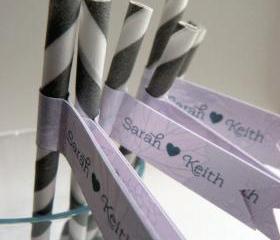 Wedding Favor Straws and Flags - Personalised x 25 - silver and pink wedding favour
