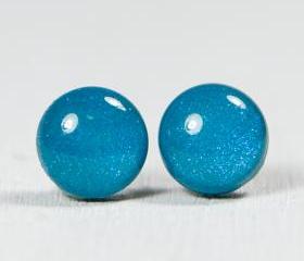 Peacock Pearl Blue Studs Earrings - Small Post Stud Earrings - Polymer Clay and Resin Jewelry