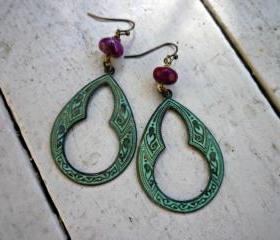 Verdigris Patina Brass Hoops. Earrings. Boho. Hippie. Purple gemstone. Purple earrings. Green patina earrings. Brass charms.