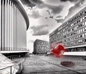 Abstract photo, black & white photo, glass orb, red, 12x18" print