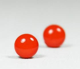 Fiesta Red Stud Earrings - Round Studs Orange Earrings - Handmade Polymer Clay Posts Jewelry