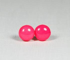 Neon Pink Stud Earrings - Medium Studs Earrings - Handmade Polymer Clay Posts Jewelry