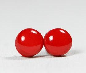 Ruby Red Stud Earrings - Round Studs Earrings - Handmade Polymer Clay Posts Jewelry