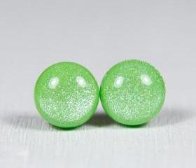 Lime Green Shimmer Studs Earrings - Post Earrings - Polymer Clay Jewelry - Handmade Jewellery