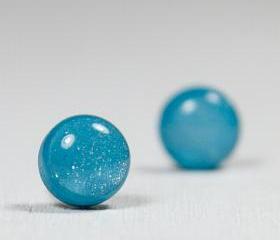 Peacock Pearl Stud Earrings - Small Blue Post Stud Earrings - Polymer Clay and Resin Jewelry