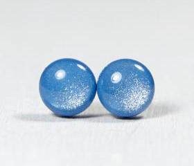 French Blue Shimmer Stud Earrings -Light Blue Small Post Stud Earrings - Polymer Clay and Resin Jewelry