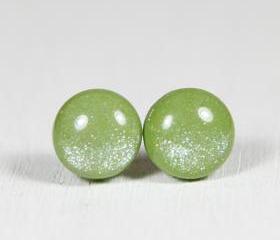 Moss Green Shimmer Earrings - Medium Stud Earrings - Handmade Polymer Clay Posts Jewelry