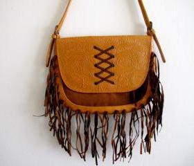Mexican Tooled Brown Purse With Suede Fringe