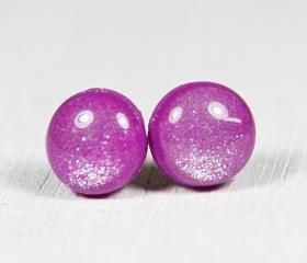 Violet Purple Shimmer Earrings - Polymer Clay Stud Earrings - Small Posts Earring Jewellery