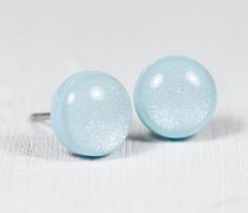 Sky Blue Shimmer Studs Earrings -Light Blue Small Post Earrings - Polymer Clay and Resin Jewelry