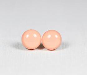 Salmon Orange Stud Earrings - Small Round Earrings - Polymer Clay Post Jewelry