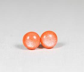 Orange Shimmer Earrings Studs - Small Round Earrings with Sparkle - Polymer Clay Posts Jewelry