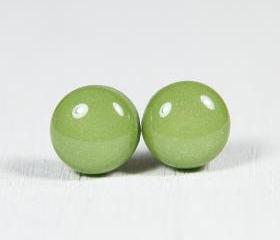 Moss Green Polymer Clay Earrings - Medium Studs - Posts Earrings Jewellery - Handmade Polymer Clay Earrings Jewelry