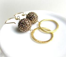 Pave Earrings, Preciosa Crystals, Mocha and 14k Vermeil Gold