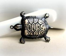 Black Brass Turtle Pendant, Hand Patina