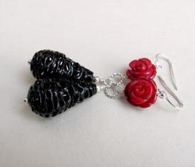 Sterling Silver Vintage Lace Black Bead and Natural Coral Earrings