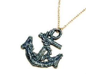 Lace Necklace Hand Dyed - Anchor in Metallic Blue - Ocean Summer Nautical