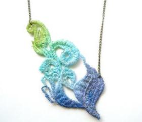 Lace Necklace Hand Dyed Flower Green Teal Purple with Antiqued Bronze Chain - OOAK