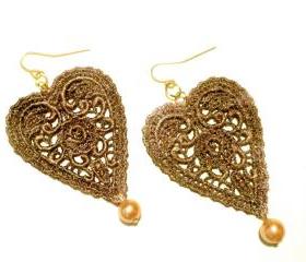 Heart Lace Earrings Hand Dyed - Brown Metallic - Customizable Colors - Lace Fashion