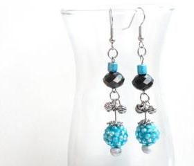 Beaded Crystal Earrings in Blue Silver and Black