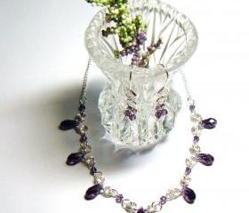 Purple Crystal Beaded Choker Necklace and Earrings Set