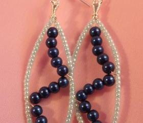 Glass bead earrings on silver plated wire with silver plated fish hook style earwires, metallic blue and pastel aqua ceylon
