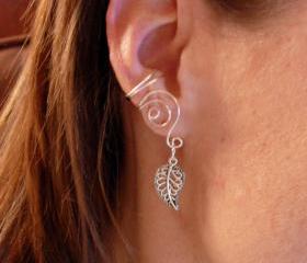 Pair of Silver Plated Ear Cuffs with Antiqued Silver Leaf Accent Beads