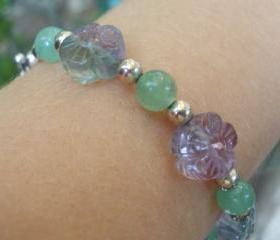 Natural Fluorite bracelet, flowers and sterling silver, semi precious gemstone and silver bracelet Romantic lavender purple green stones