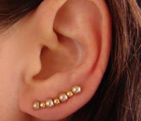 Ear Pins - Champagne Gold Glass Pearls and Gold beads Earrings - Pair
