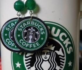 Starbucks with green tumbled agate gemstone. Coffee earrings. Starbucks Coffee. Starbucks Earrings. Starbucks Jewelry.
