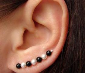 Ear Pins - Black Onyx and Swarovski White Pearls Earrings - Pair