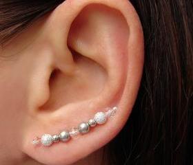 Ear Pins - Swarovski Silver Gray Pearls, Faceted Crystals, Silver Stardust Beads Earrings - Pair