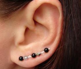 Ear Pins - Black Onyx, Faceted Clear Crystal, Vitriol Crystal Earrings - Pair