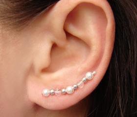 Ear Pins - White Swarovski Pearls, Sparkly Clear Faceted Crystals Earrings - Pair