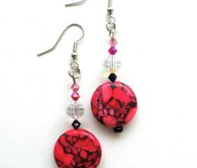 Neon Pink Stone Beaded Earrings with Swarovski Crystals