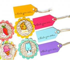 Scrapbook embellishment and mini tags set . 8 pack . chili . cheese . ice pop . ice cream . cute . cool . sweet . cheesy . hot . kids