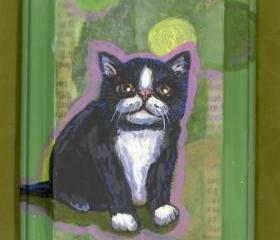 Black and white cat panel painting OOAK 