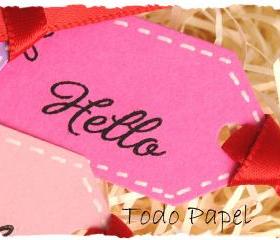 Hello mini tags . 10 set . pink . lilac . lime . raspberry . red . stitch effect . small . git embellishment . rainbow . greeting . hola