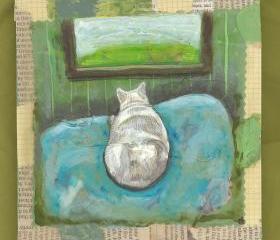 White cat loaf looking out window original painting on wood