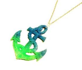 Lace Necklace Hand Dyed - Anchor in Neon Green and Neon Blue - Ocean Summer Nautical
