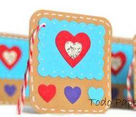 Heart mini card tag . turquoise . aqua . red . kraft paper . gift tags . deep ocean blue . hearts . embellishment . 6 set