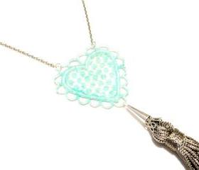Lace Necklace Hand Dyed - Heart in Aqua Mint Sparkle with Grey Tassel - Customizable Colors - Summer Ocean
