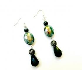 Beaded Earrings in Teal Silver and Black