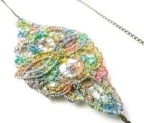 Lace Necklace Hand Dyed Multicolored Rainbow with Antiqued Bronze Chain