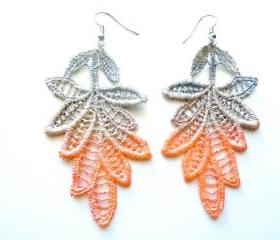 Lace Earrings Hand Dyed - Pearl Orange and Gray Leaves - Customizable Colors