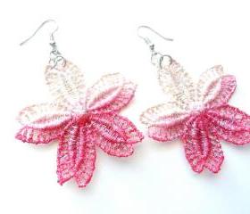 Hand Dyed Lace Earrings - Red / Pink and Champagne Flowers - Customizable Colors - Lace Fashion