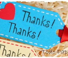10 thank you mini tags . thanks . cobalt . raspberry . lilac . champagne . blue . red heart . stitching surround . satin ribbon . small