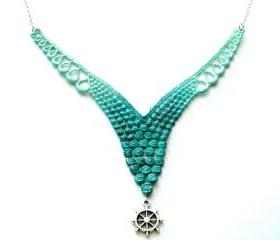 Lace Necklace Hand Dyed - Mint Green and Teal - Customizable Colors with Silver Nautical Ship Wheel - Lace Fashion