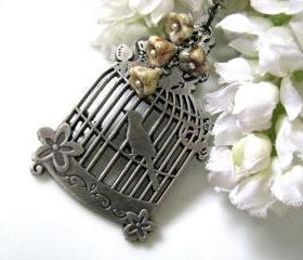 Nightingale Necklace - Antique Silver Birdcage Charm with Opaque Luster Antique Green Czech Glass Flowers