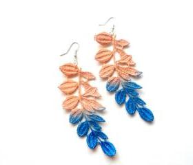 Lace Earrings Hand Dyed - Leaves in Peach and Cobalt Blue - Customizable Colors